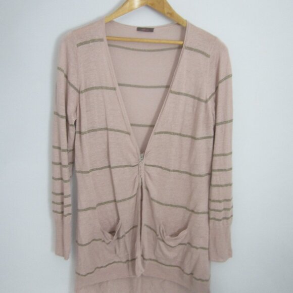 Wrap Womens 10 Mauve Pink Gold Metallic Stripe Linen LS Cardigan Sweater M - Picture 1 of 13